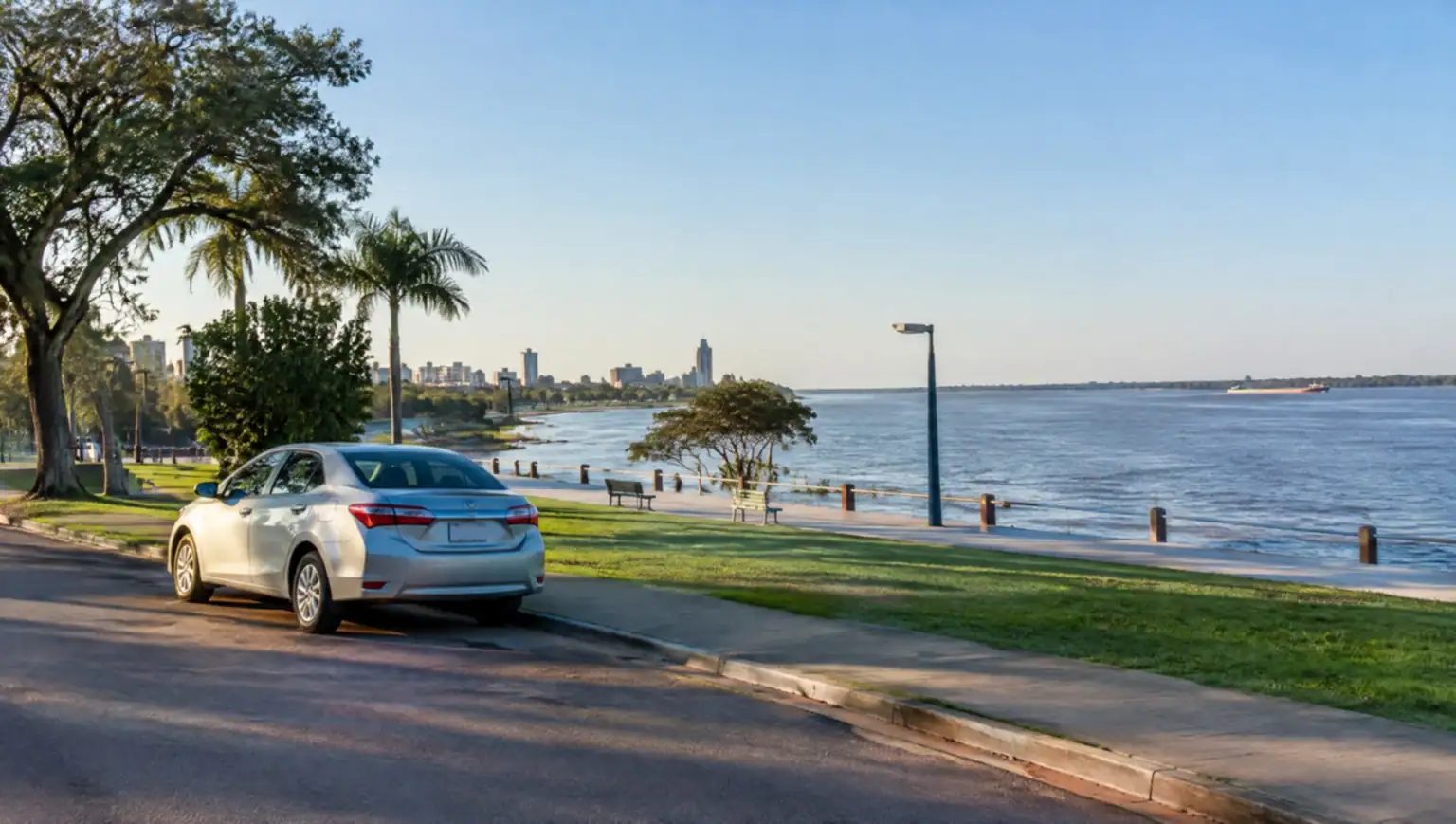 Auto privado en la ruta entre Rosario y Paraná, Argentina