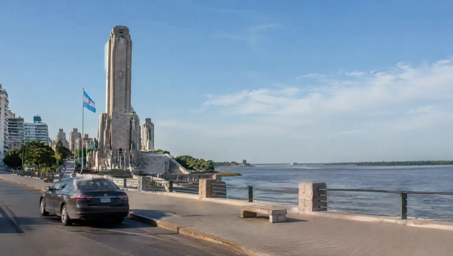 Private transfer car driving on the highway from Aeroparque to Rosario, Argentina