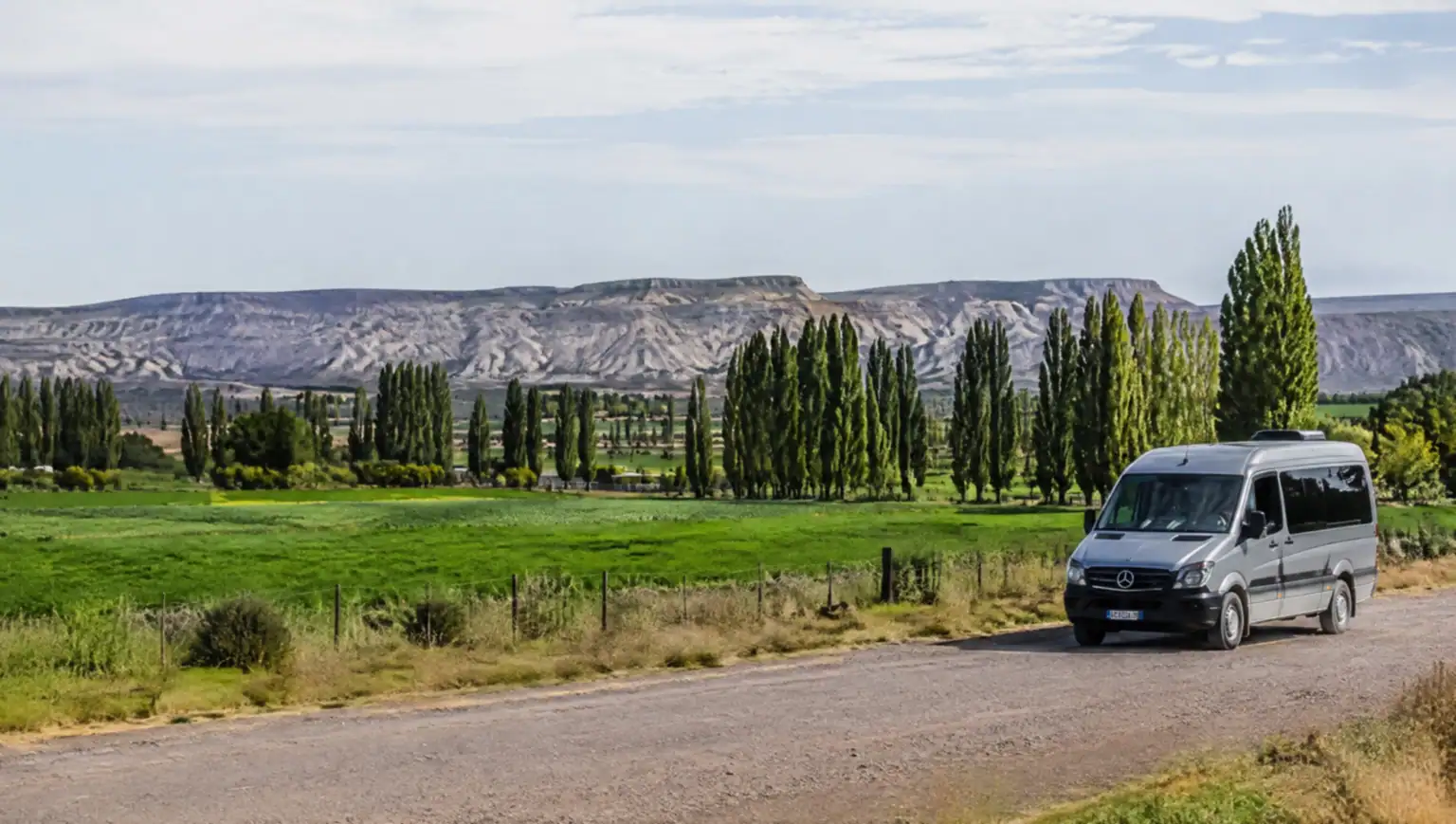 Private transfer car driving on the road near Trelew, Patagonia, Argentina