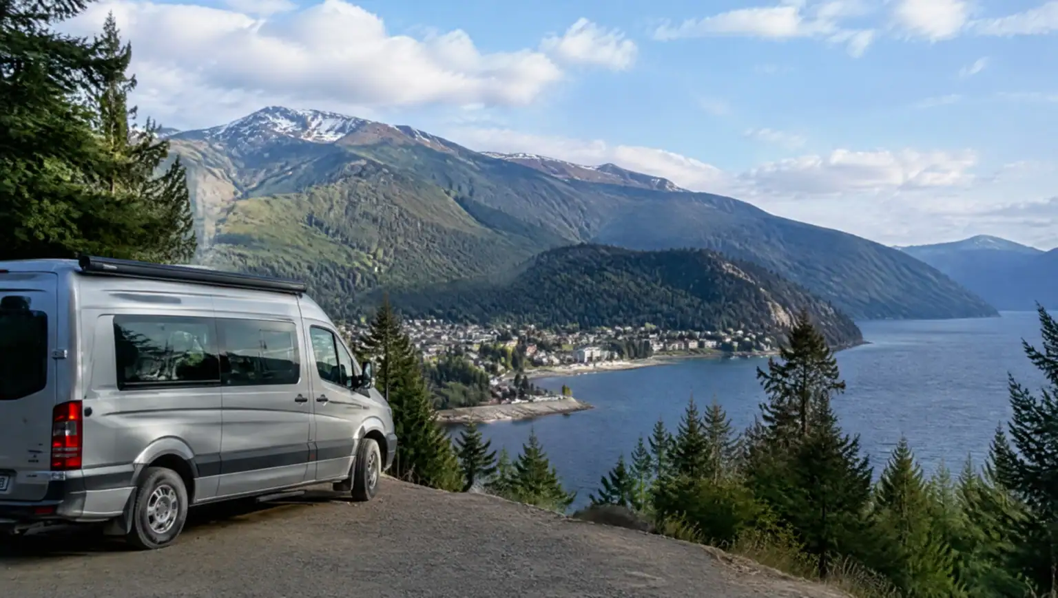 Camioneta de traslado privado circulando por la región de los lagos cerca de San Martín de los Andes