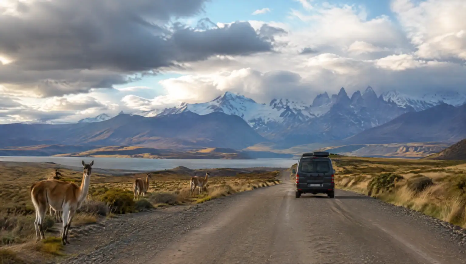 Private transfer vehicle crossing the Patagonian steppe between El Calafate and Puerto Natales