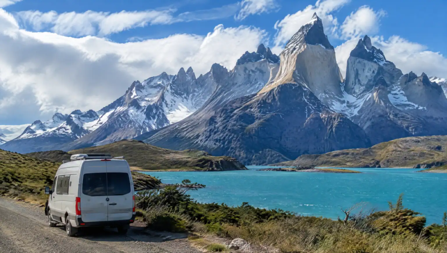 Private transfer vehicle driving from El Calafate to Torres del Paine through Patagonia