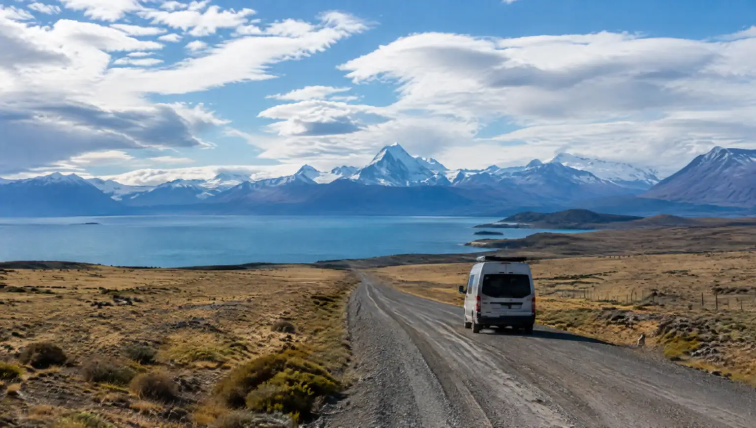 Veículo de transfer privado atravessando a estepe patagônica de Río Gallegos para El Calafate