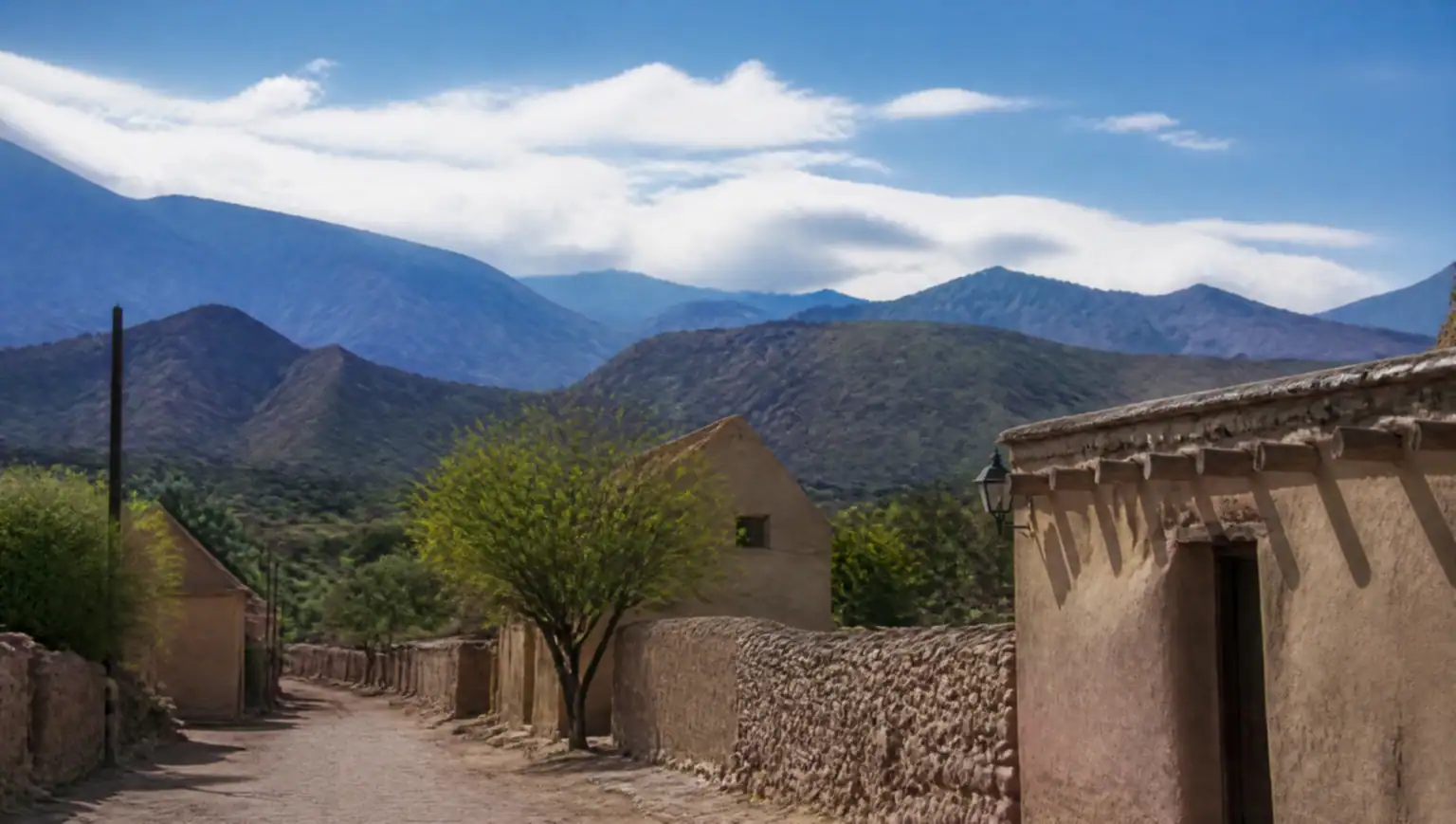 Calchaquí valley adobe village and mountains at Amaicha del Valle, reached from Tucumán, Argentina