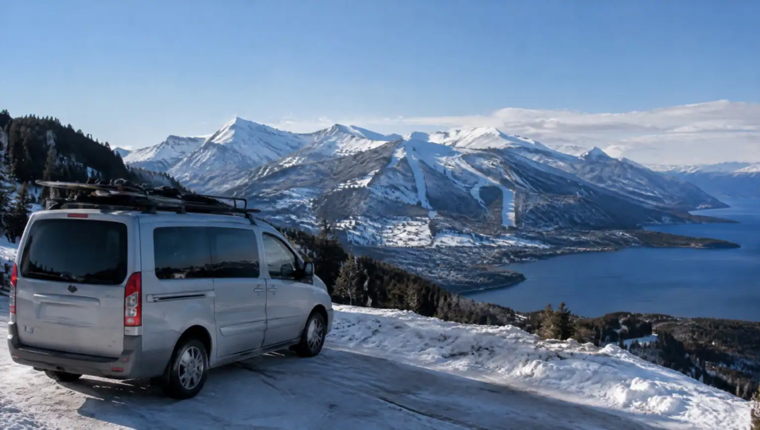 Cerro Catedral ski slopes above Lake Nahuel Huapi in winter, with a private van and ski rack