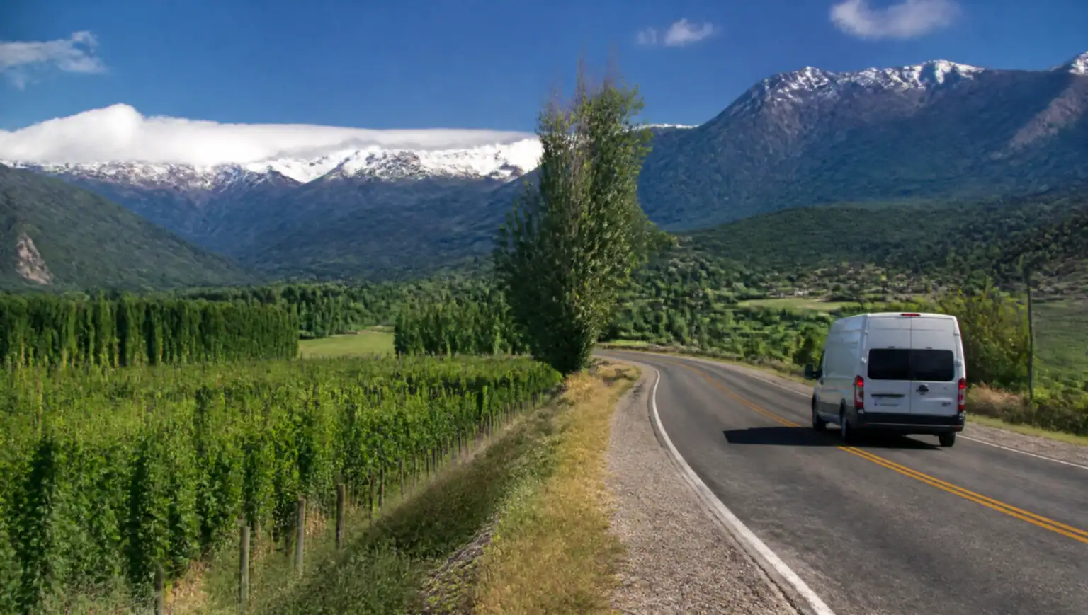Ruta 40 between Esquel and El Bolsón with Andean hop fields and mountains in Patagonia