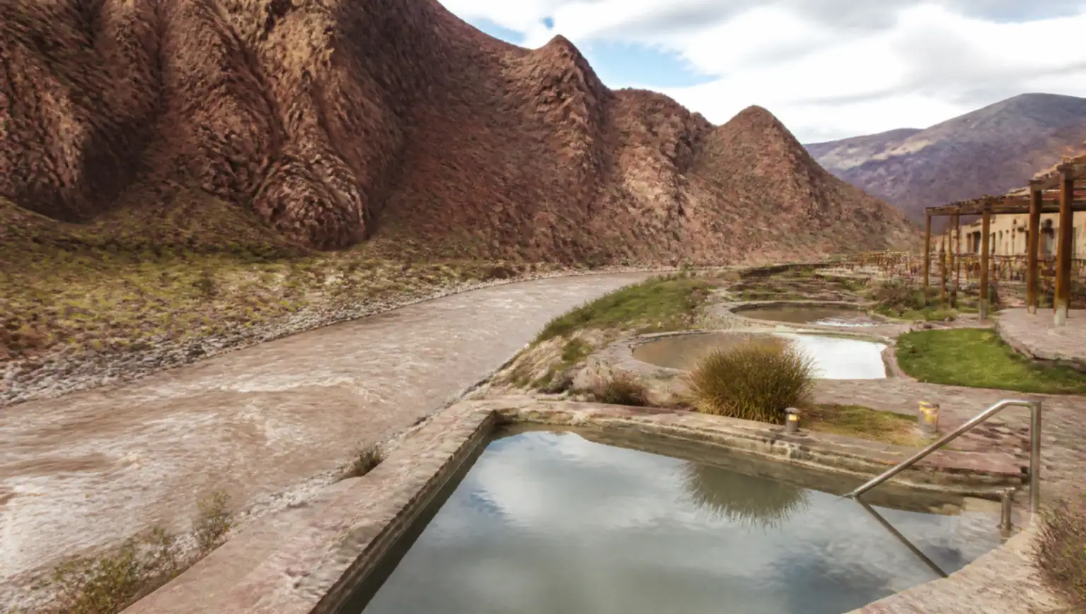 Thermal pools beside the Mendoza River canyon at Termas de Cacheuta near Mendoza, Argentina