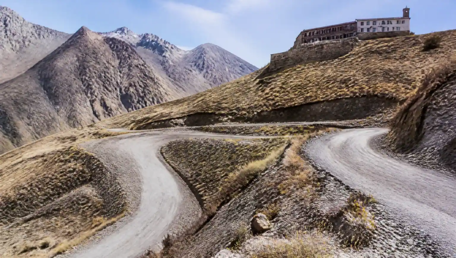Winding Caracoles de Villavicencio hairpin road climbing the Andean hillside north of Mendoza, Argentina